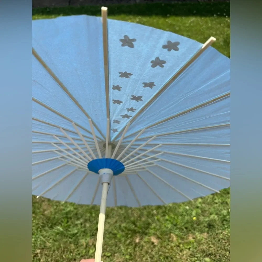 Blue Paper Parasol with White Flower Design